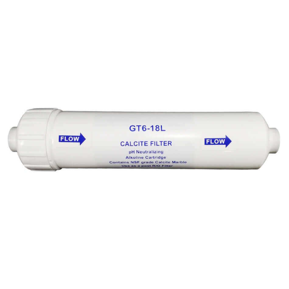 The 100% Calcite pH Neutralisation Inline Water Filter Replacement Cartridge 10" includes directional flow arrows and text details on its body, making it ideal for pH neutralization in inline water filtration systems.