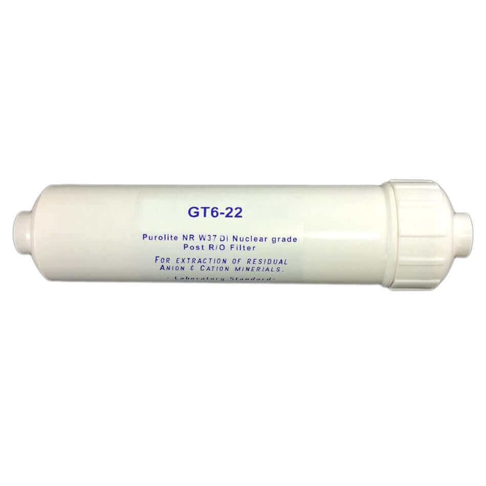 The Purolite DI Resin Inline Water Filter Replacement Cartridge, featuring a white cylindrical design with blue text and labeled GT6-22, is designed for the extraction of residual anions and cations.