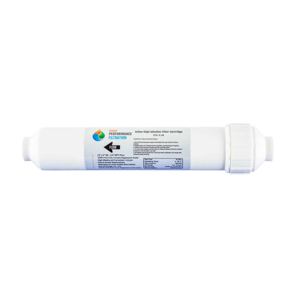 The HPF Inline High Alkaline Water Filter Replacement Cartridge by High Performance Filtration features labels to enhance pH level.