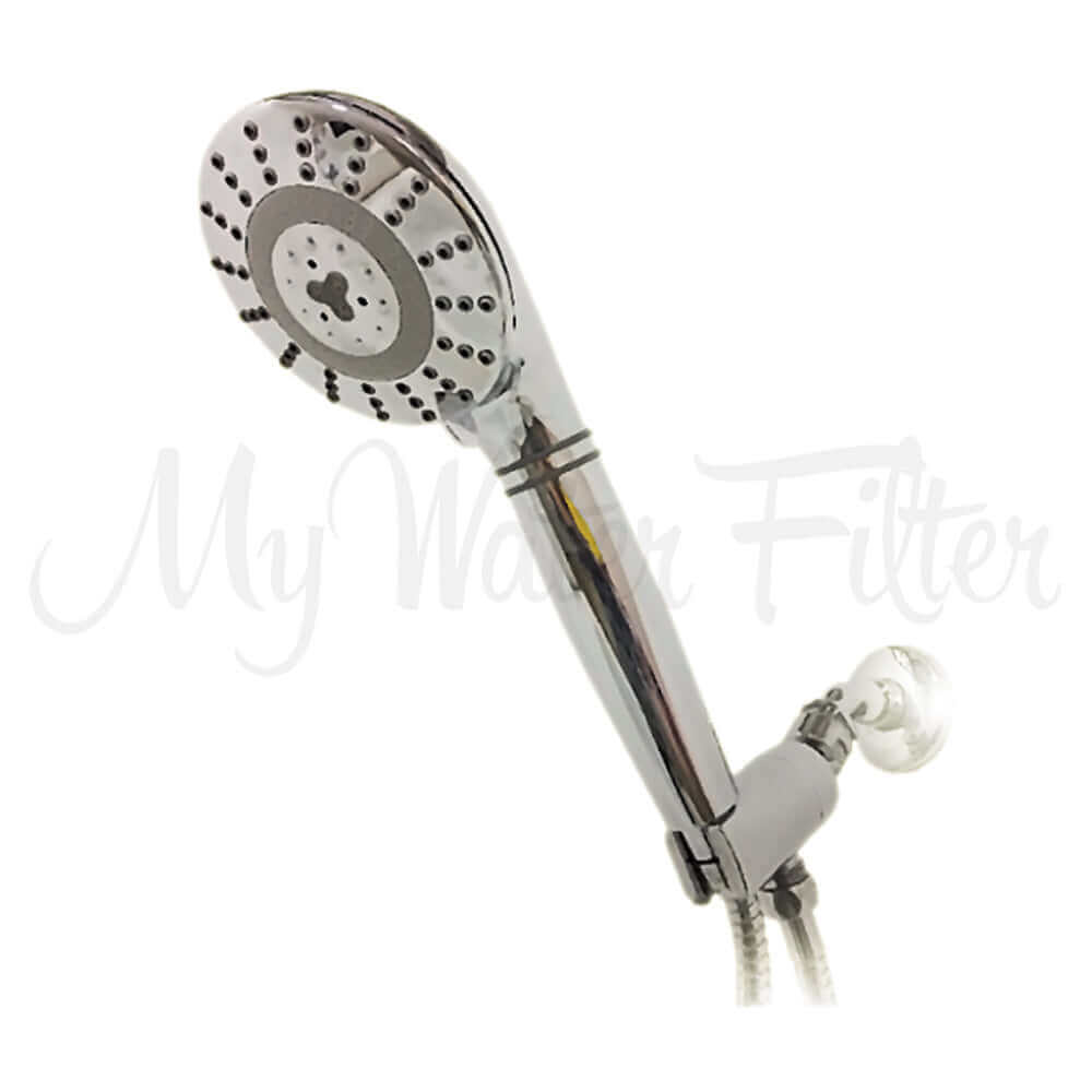 The Sprite Pure 7 Stage Hand Held Shower Head by Sprite boasts a chrome finish and multiple spray settings, complete with a 7 stage shower filter.