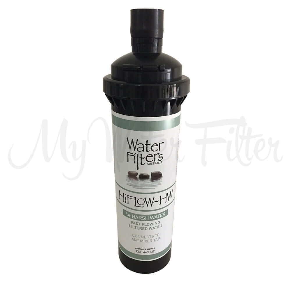 Water filter branded as "HiFlow 5 Micron Inline Water Filter Replacement Cartridge for Harsh Water," with a black cap and white label