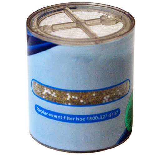The Sprite HOC High Output Shower Filter Replacement Cartridge, by Sprite, showcases visible patented Chlorgon with KDF media inside and is specifically designed for effective chlorine removal.