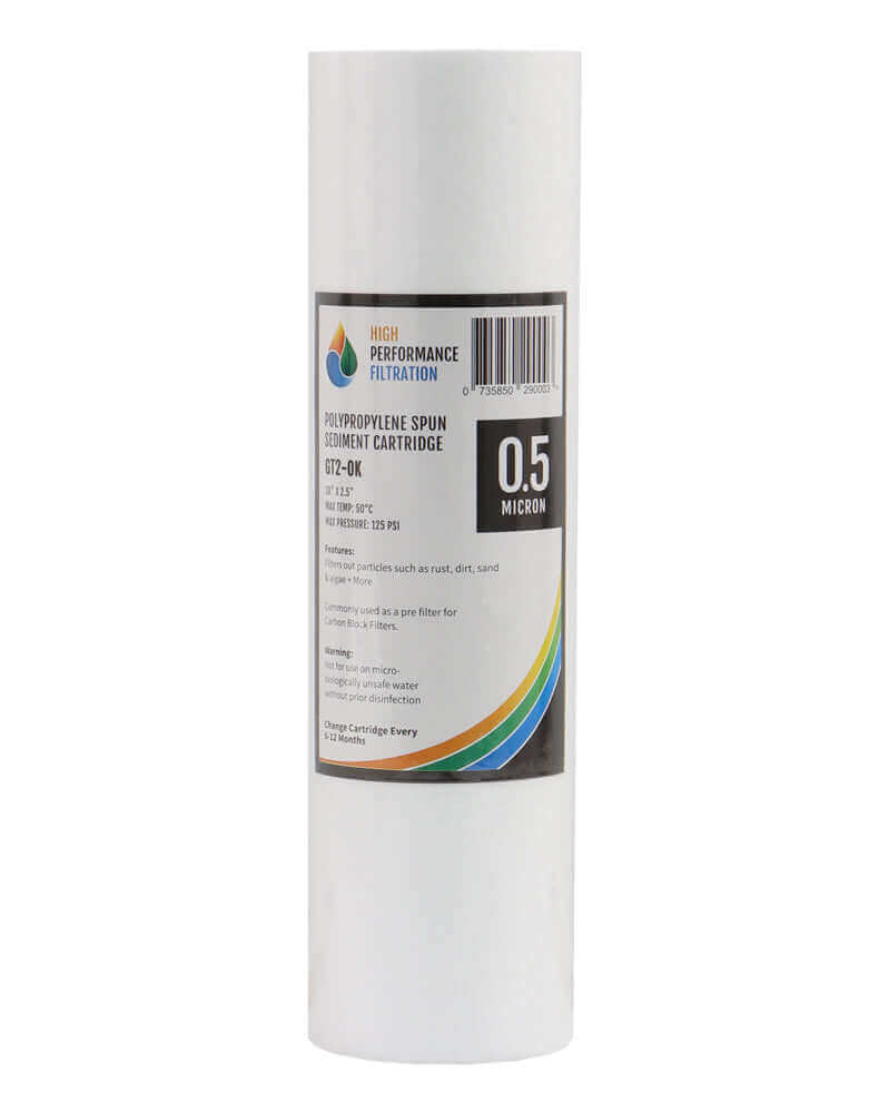 White "0.5 micron" polypropylene spun sediment cartridge labeled as High Performance Filtration, branded HPF Polyspun Sediment Water Filter Replacement Cartridge 10" x 2.5".
