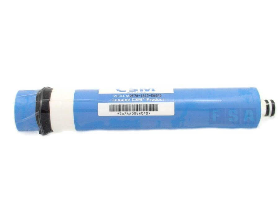A a blue cartridge with a white cap which is the RO Membrane filter as part of the replacement cartridge pack for the 3 Stage Portable Reverse Osmosis Water Filter System with Alkalizing.