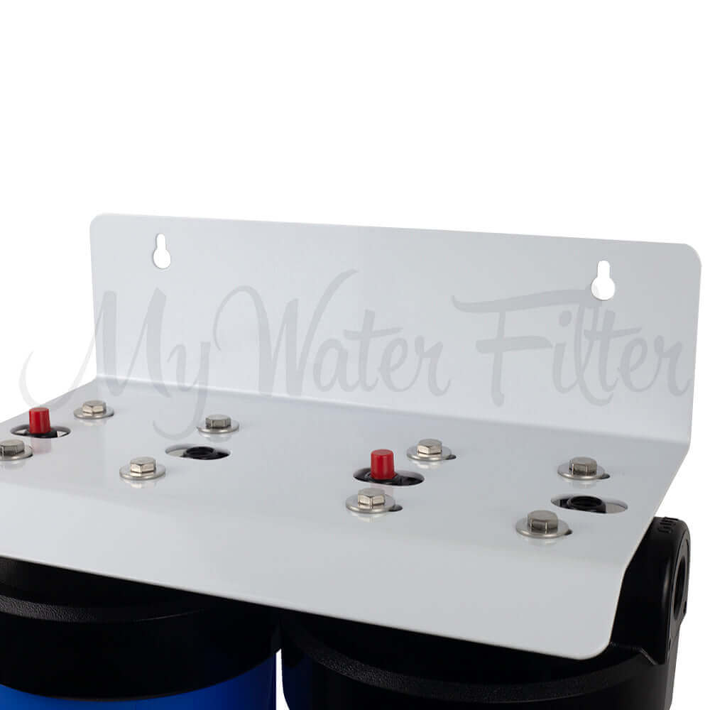 The MWF 20" x 4.5" Twin Big Blue Whole House Rain Water Tank Water Filter System with Aragon by My Water Filter includes a wall-mounted bracket, mounting screws, and labeled ports, making it ideal for your rainwater tank setup.