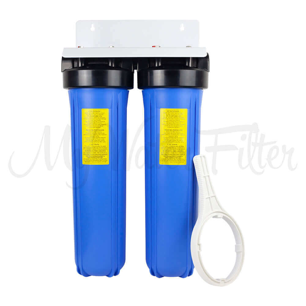 MWF 20" x 4.5" Twin Big Blue Whole House Rain Water Tank Filter System Complete with Ultraviolet Light and housing removal tool.
