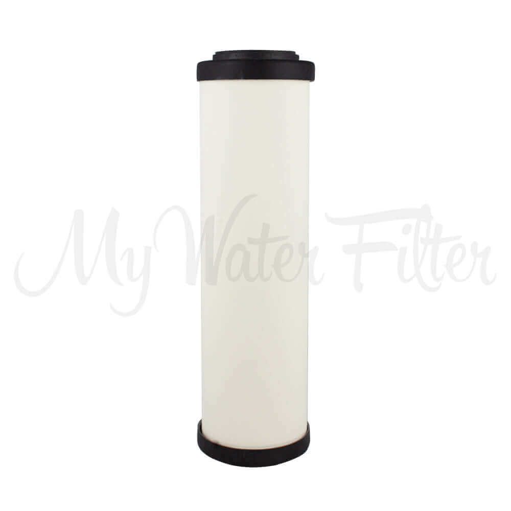 A white ceramic water filter cartridge, 10" x 2.5", with black end caps by Doulton.