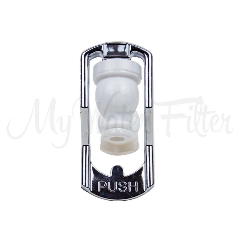 Close-up of a chrome-finished push-button release valve labeled "PUSH" from the Standard Tap for the 6 and 7 Stage Multi Use pH Elevation Benchtop Gravity Water Filter