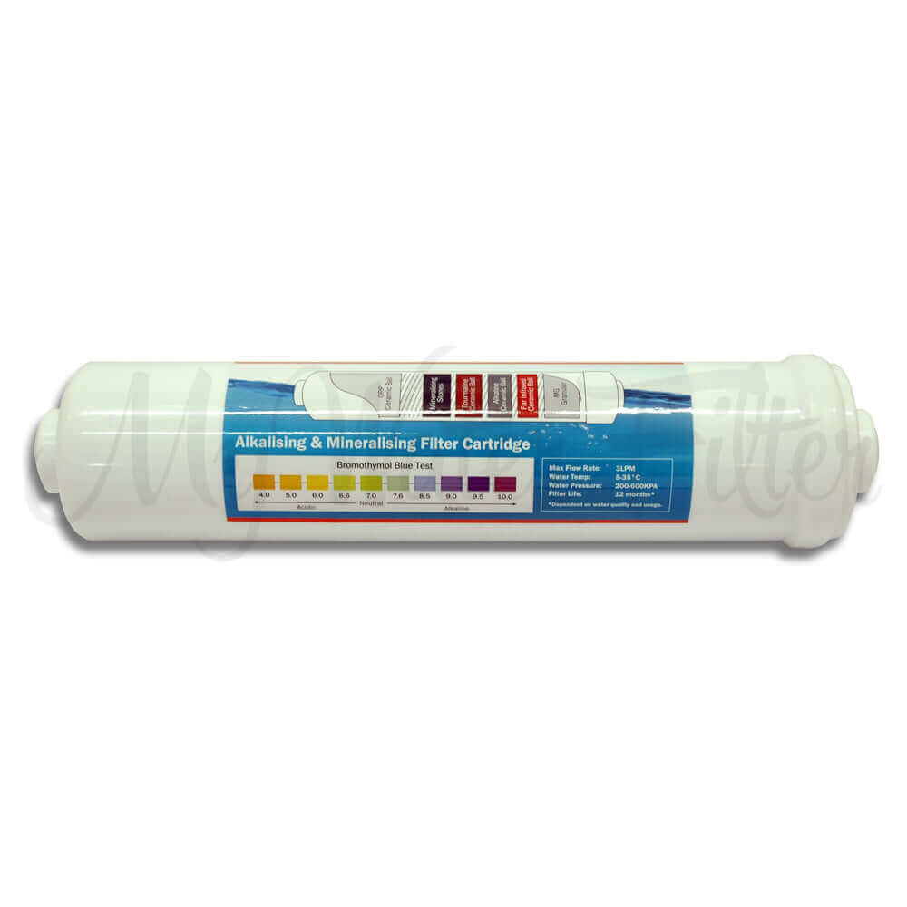 The K Series Alkaline Water Filter Replacement Cartridge 10" is an ideal replacement, featuring a pH test chart and label information.