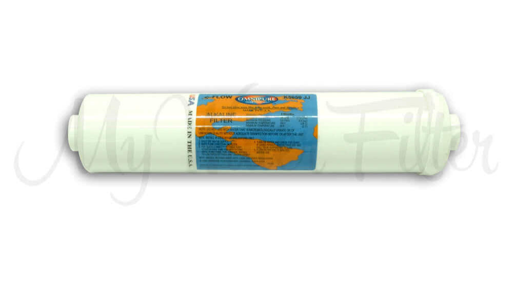 The Omnipure K5650 JJ Alkaliser Cartridge, featuring a blue and orange label is expertly designed by Omnipure for alkalising water.