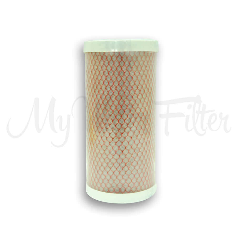 An Aragon Water Filter Replacement Cartridge 10" x 4.5", featuring a cylindrical design with a red mesh pattern and white caps on both ends