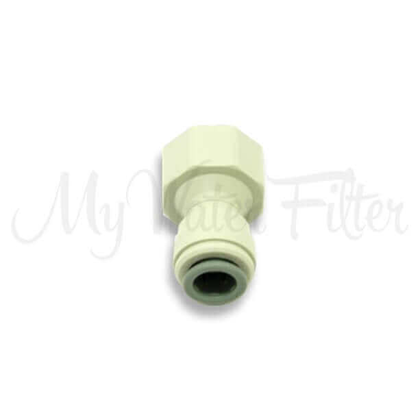 Close-up of a John Guest white plastic plumbing connector fitting with 1/2" BSP thread to 3/8" tube