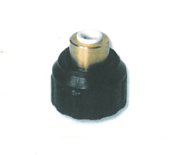 Close-up of a John Guest Female Nut Assembly, black and brass connector, 3/4" female to 1/4" push-in hose.