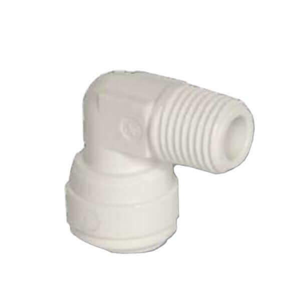 John Guest Rigid Elbow, white plastic fitting, with 1/4" NPT male threaded end and 1/4" push-in tube.