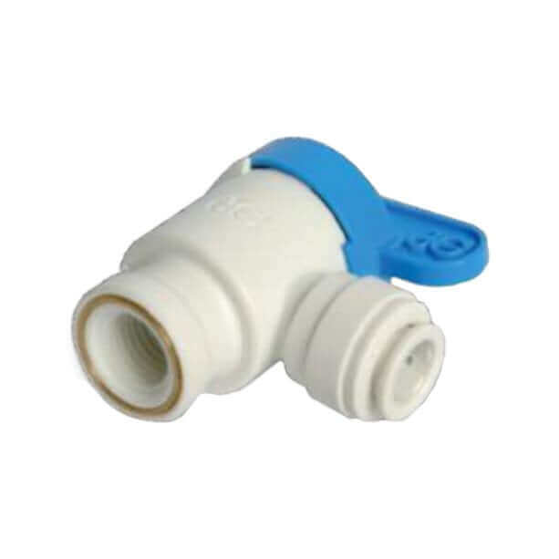 John Guest Speedfit RO Tank Shut Off Valve with a blue lever handle featuring a 1/4" female thread and 3/8" tube connection.