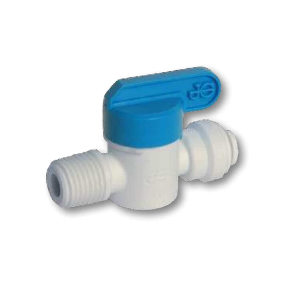 The John Guest Speedfit Shut Off Valve features a blue lever handle and threaded connectors compatible with 1/4" male thread and 1/4" push-in tube.