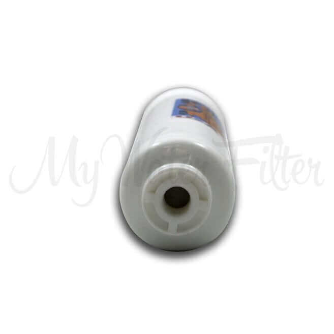 Close-up of an Omnipure Inline Filter K5540 BB 5 Micron Granular Activated Carbon Water Filter Replacement Cartridge 10" with 1/4" Female Thread, showcasing its white design against a white background.