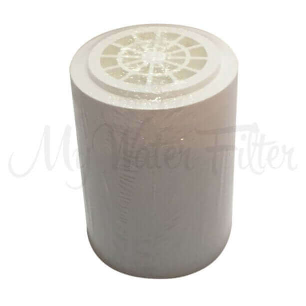The KDF Replacement Cartridge for the My Water Filter Shower Filter, featuring a white design with a circular top pattern, effectively removes chlorine to enhance your water quality.