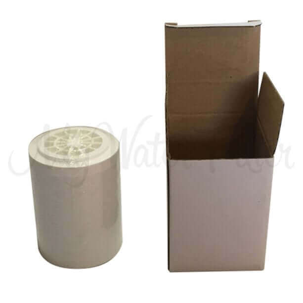 A KDF Replacement Cartridge for the My Water Filter Shower Filter sits next to an open brown cardboard box, poised to remove chlorine for a refreshing bathing experience.
