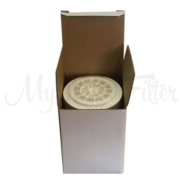 Open cardboard box revealing a round white KDF Replacement Cartridge for the My Water Filter Shower Filter inside. This cartridge helps remove chlorine from water, ensuring a cleaner and more refreshing experience.