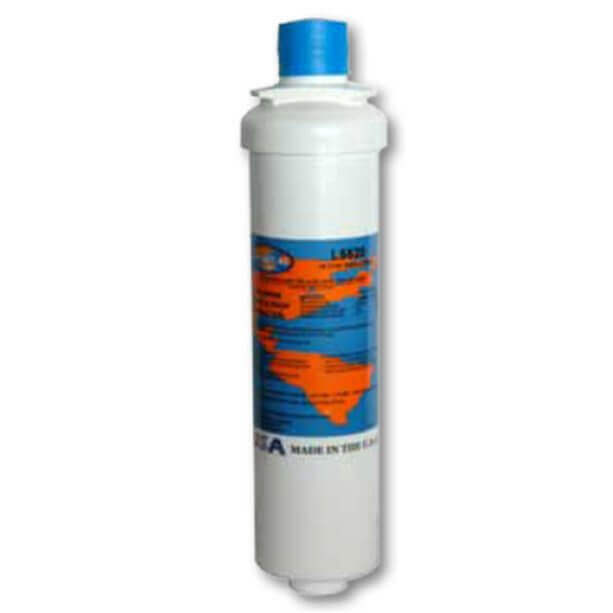 Omnipure's L Series Inline Water Filter Replacement Cartridge features a white body with a blue cap, an orange label displaying text, and logo