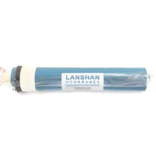 A blue cylindrical filter labeled "Reverse Osmosis Membrane," wrapped in plastic.