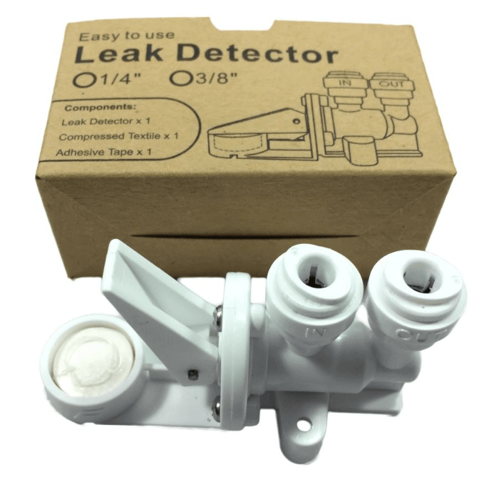 Leak detector device labeled brand Water Filter Leak Detector with Shut Off Valve, shown in front of a box with installation diagram and size options: 1/4", 3/8".
