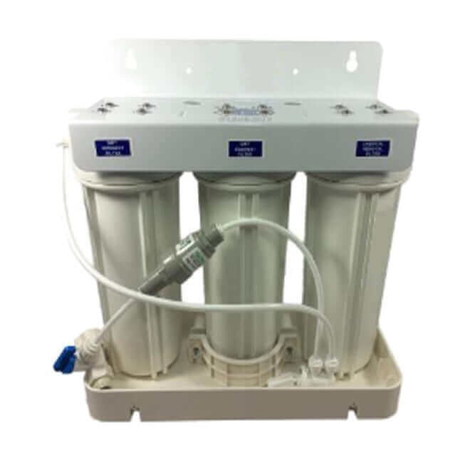 A water filtration system that includes white cylindrical filters, connecting tubes, and a Water Filter Leak Detector with Shut Off Valve plus a Mounting Drip Tray.