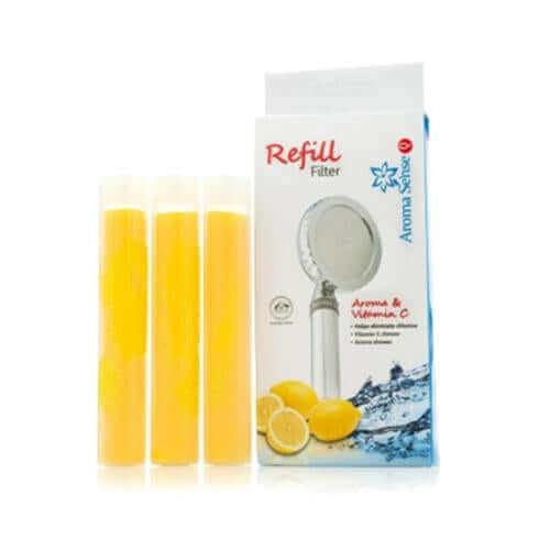 Shower Filter Replacement Cartridge for Aroma Sense Q with a refreshing lemon aroma, packaging includes three yellow refill cartridges.