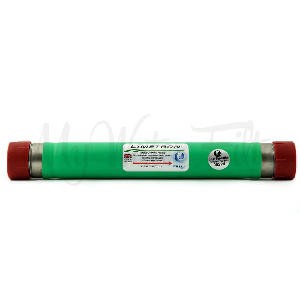 A green cylindrical device called Limetron Hard Water Conditioner Descaler - Water Softener Alternative in a 1" size with red end caps.