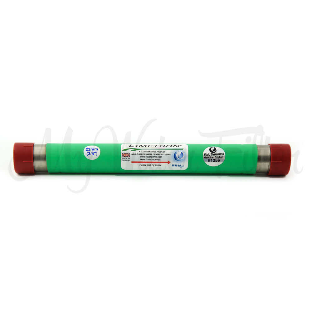 A 3/4" Limetron hard water conditioner with a green cylindrical design, featuring red caps at both ends.