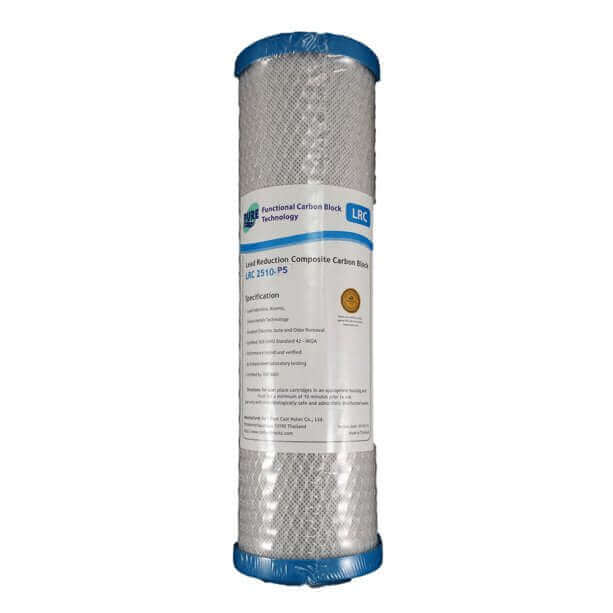 A Pure LRC 0.5 Micron Heavy Metal & Lead Reduction Carbon Block Water Filter Cartridge with blue end caps.