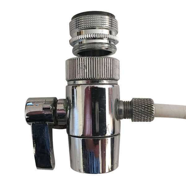 A Benchtop Water Filter Diverter Adaptor in chrome metal, featuring a lever handle and hose attachment, with 21mm male to 23mm male or 21mm female adaptor on top.