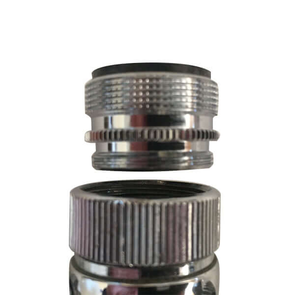Close-up of two metal connectors from the Benchtop Water Filter Diverter Adaptor, highlighting the 21mm male to 23mm male or 21mm female connection above the benchtop diverter