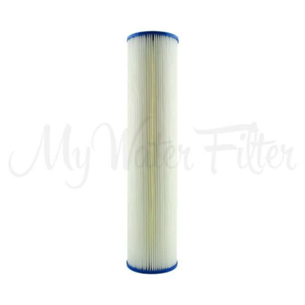 The Unicel 1 Micron Pleated Sediment Whole House Water Filter Replacement Cartridge, measuring 20" x 4.5", features a cylindrical shape with blue edges on a white background.