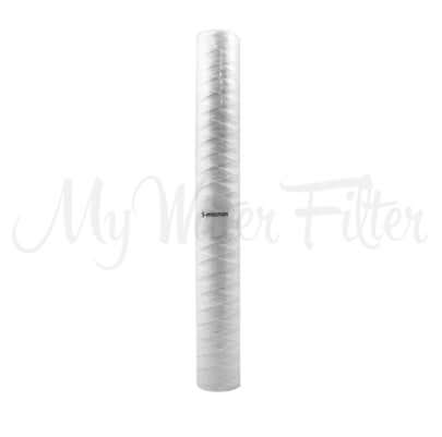 A white cylindrical 5 Micron String Wound Sediment Whole House Water Filter Replacement Cartridge, measuring 20" x 2.5"