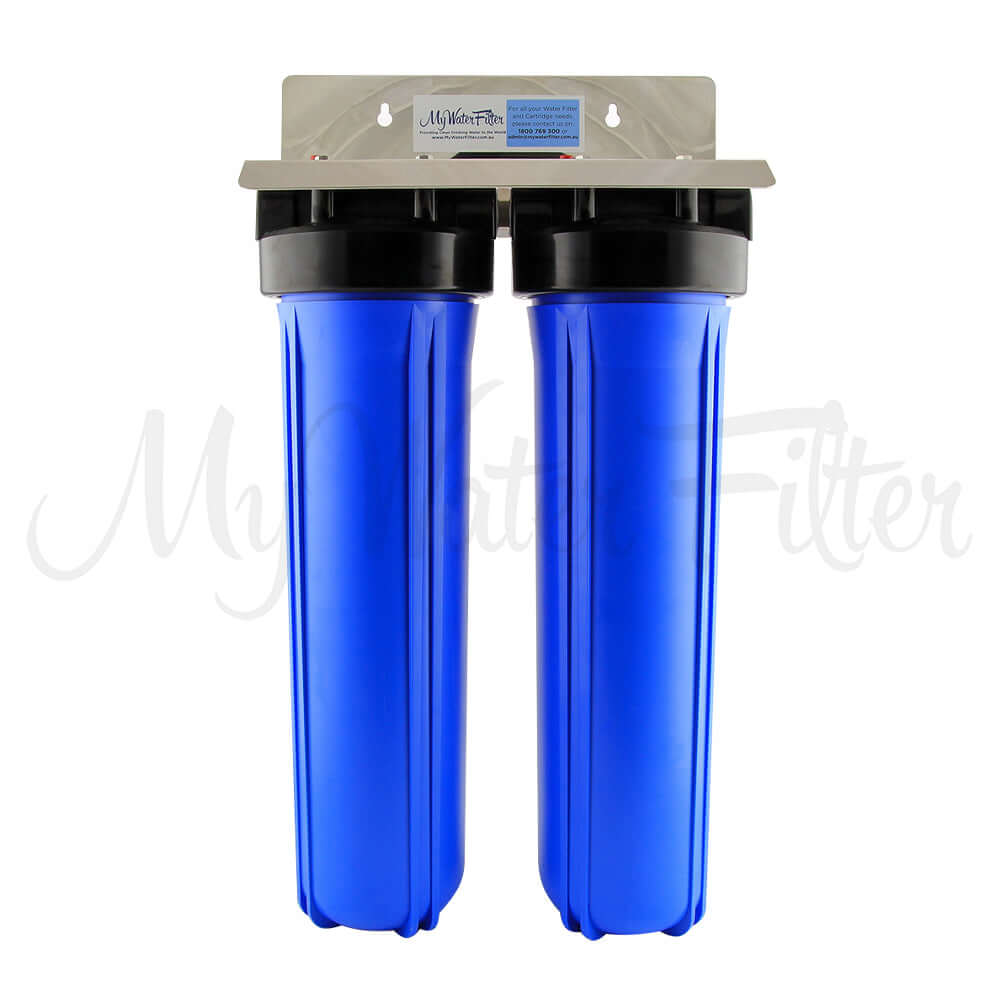 The MWF 20" x 4.5" Twin Big Blue Whole House Water Filter System, featuring two blue canisters on a stainless steel bracket.