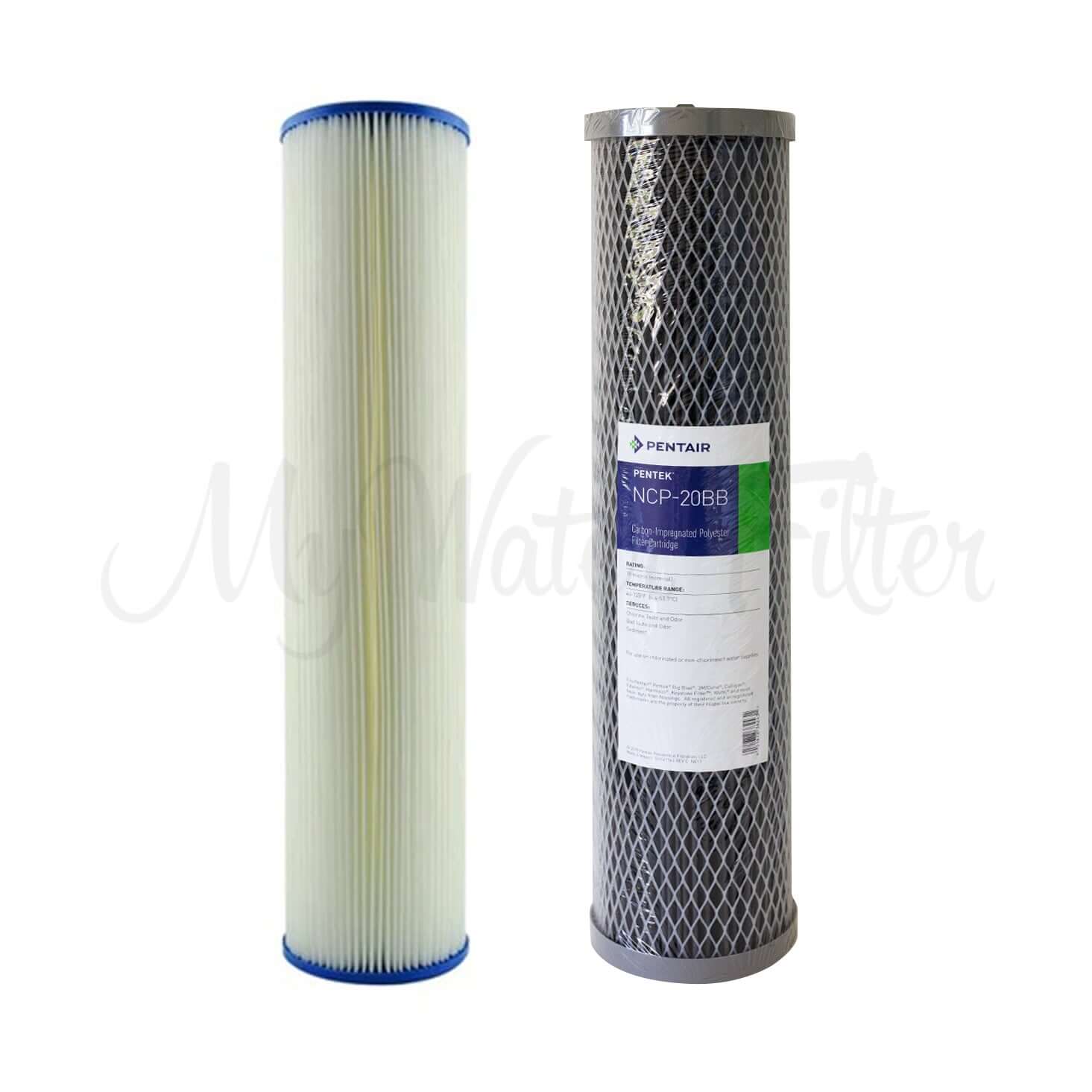 Two filters: a pleated sediment on the left and a labeled carbon block filter on the right, designed for the MWF 20" x 4.5" Twin Big Blue Whole House Low Pressure Rain Water Tank Filter System.