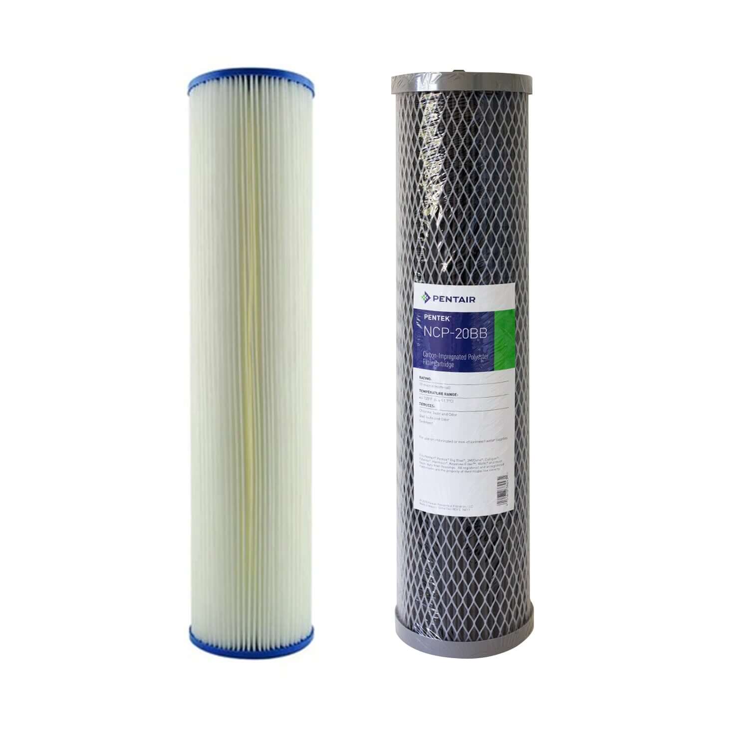 Two cylindrical water filters: one with a white pleated sediment and another with a dark mesh exterior carbon block, part of the My Water Filter Replacement Cartridge Pack for MWF 20