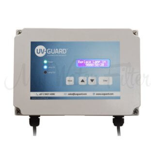 The UV Guard UV Weatherproof PLC Controller 50081-N features a white control panel with a digital display, button controls, lamp on-off LEDs, lamp fail alarm, and a digital lamp life timer.