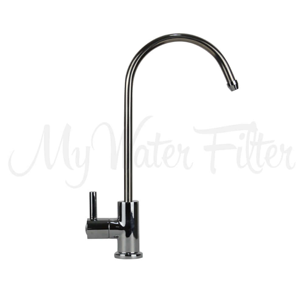 Faucet for he ULTRAPURE Aragon 10" Twin Under-Sink Water Filter System with Sediment Protection, featuring an elegant chrome gooseneck design, stands out against a plain background.