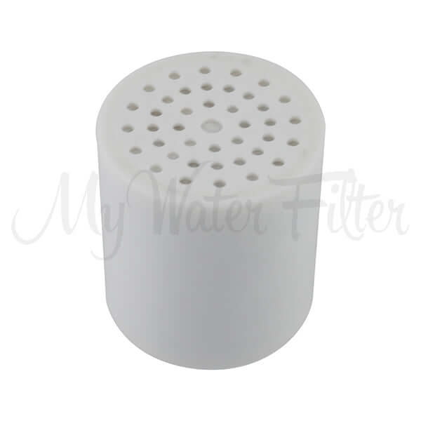 A Replacement Cartridge for the Deluxe Chrome Shower Filter with small holes on top, perfect for providing a chlorine-free shower experience.