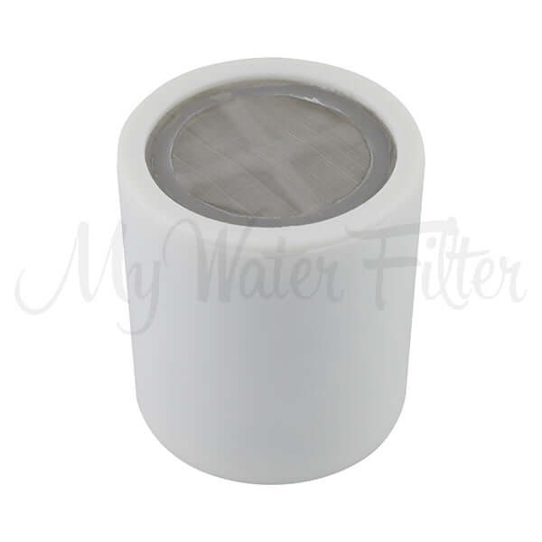 A Replacement Cartridge for the Deluxe Chrome Shower Filter, featuring a metal mesh top in a sleek chrome design, perfect for providing a chlorine-free shower experience.