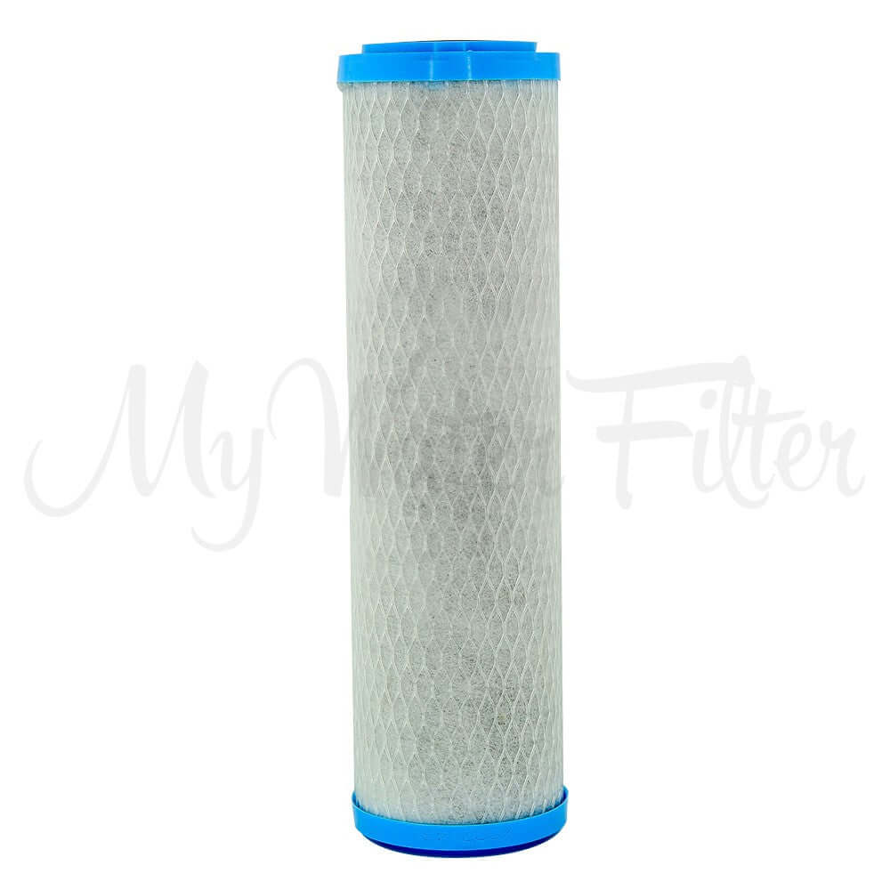 A 10" x 2.5" cylindrical Omnipure water filter cartridge with blue caps and a mesh exterior for lead removal, named Omnipure OMB934 Pb 1 Micron Carbon Block.