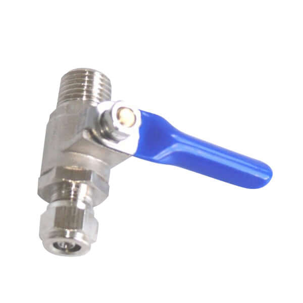 The Brass Ball Valve features a 1/4" male thread to 1/4" tube and a blue handle, suitable for plumbing or industrial use.