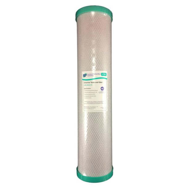 Tall cylindrical water filter with green caps, branded Pure CTO 5 Micron Carbon Block Whole House Water Filter Replacement Cartridge, measuring 20" x 4.5".