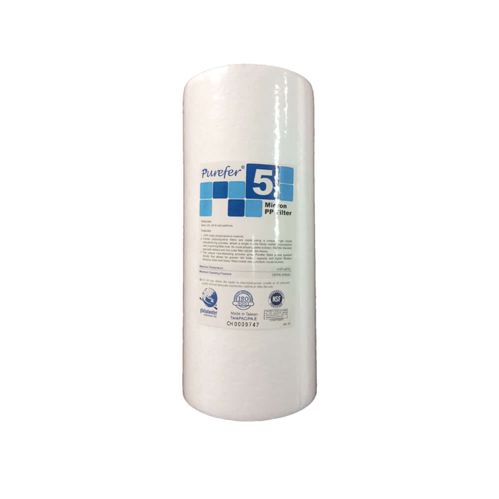 White cylindrical "Purefer" filter labeled as Purefer 5 Micron Polyspun Sediment Water Filter Replacement Cartridge 10" x 4.5".