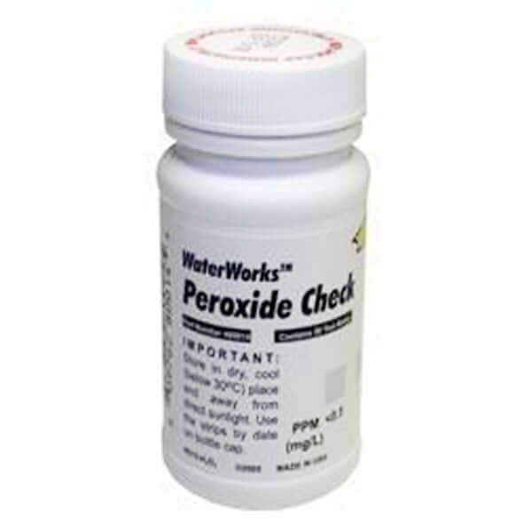 A white bottle labeled "HydroSil," branded HydroSil-Ultra Peroxide Test Strips, should be stored in a cool, dry place and includes usage instructions.