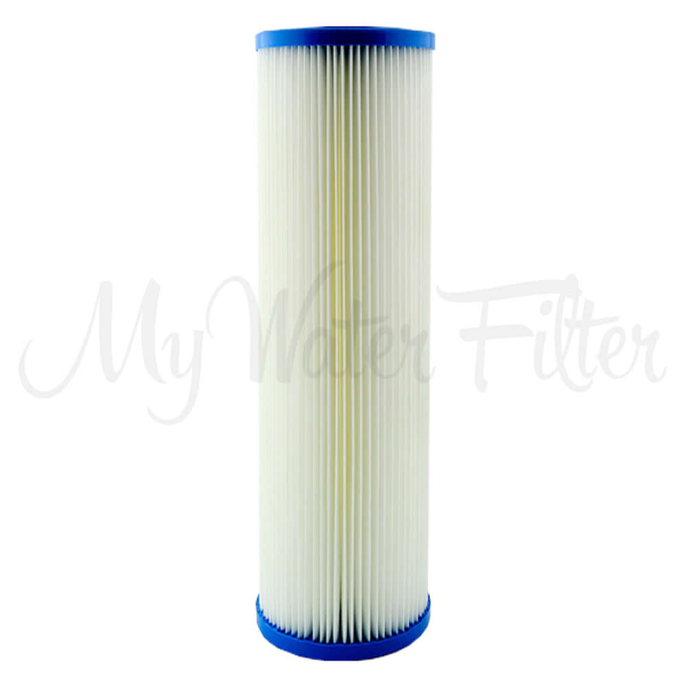 A white cylinder pleated sediment cartridge with blue end caps, is part of the Replacement Cartridge Pack for the MWF 20