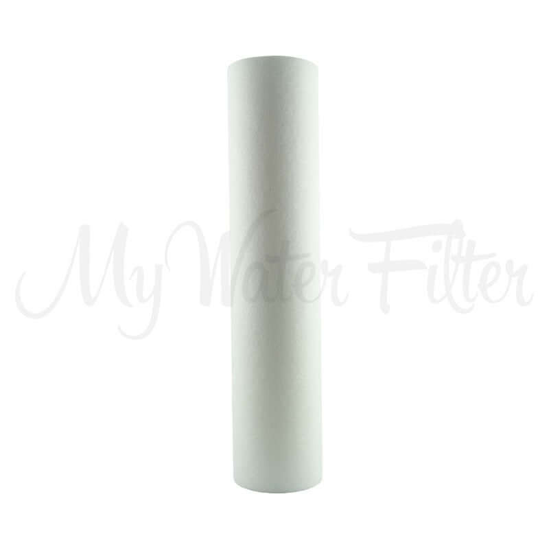 A 1 Micron Polyspun, white cylindrical water filter cartridge designed for sediment filtration